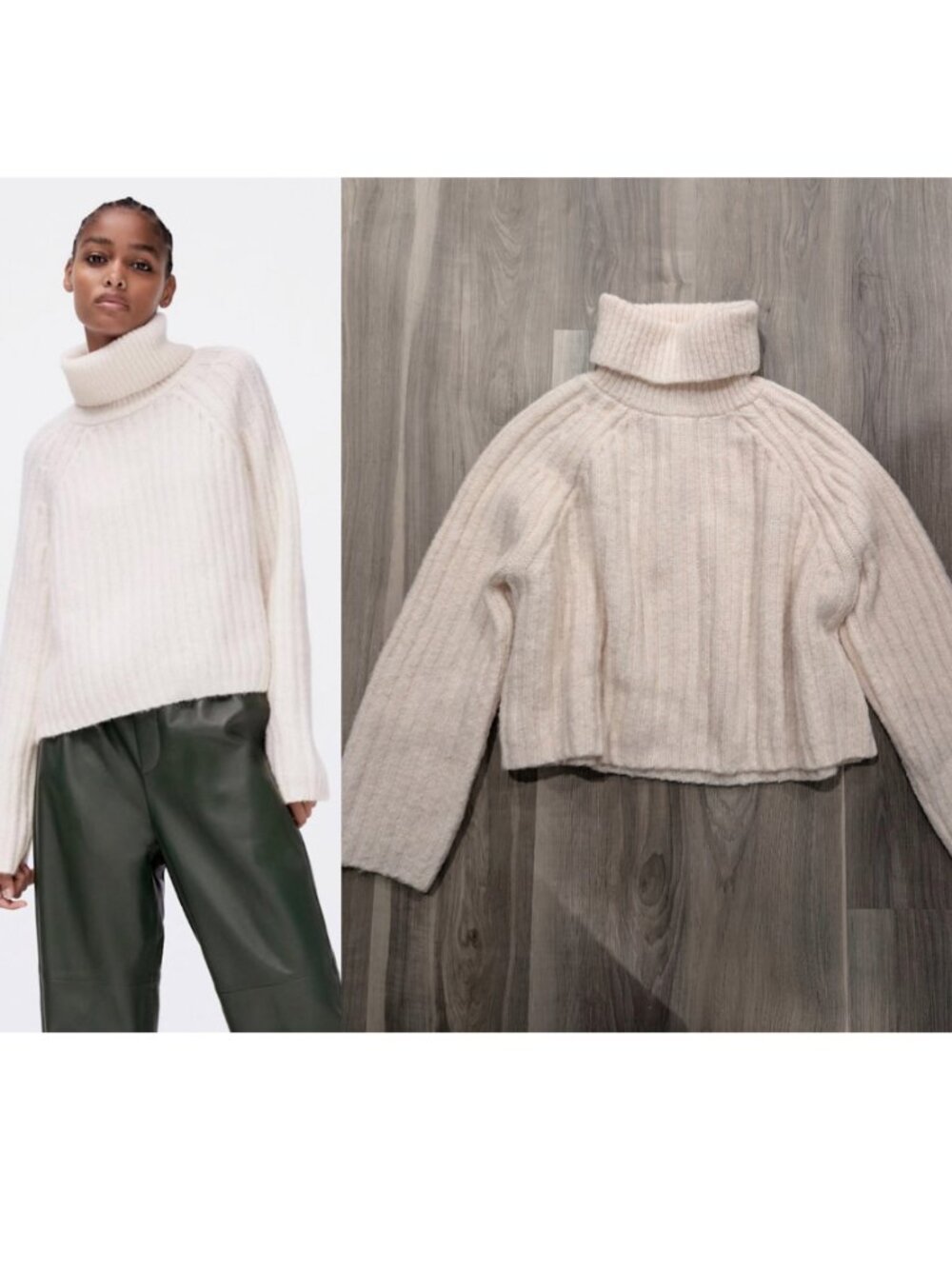 Zara | Cropped Chunky Ribbed Turtleneck Knit Sweater In Pale Pink